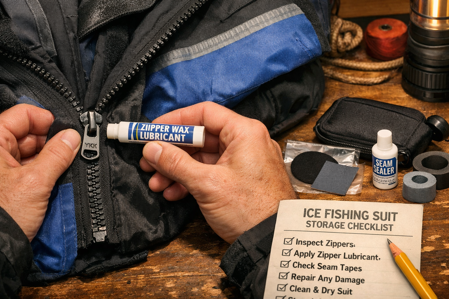 Detailed landscape format (1536x1024) image showing close-up of hands inspecting YKK zippers on an ice fishing suit, applying zipper wax lub