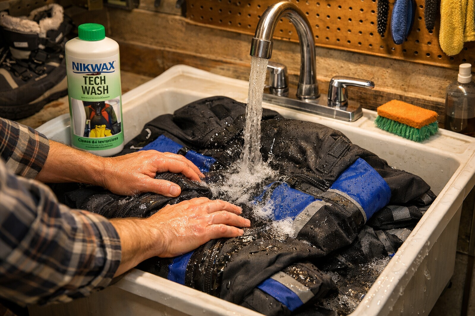 Detailed landscape format (1536x1024) image showing hands washing an ice fishing suit in a utility sink with Nikwax Tech Wash bottle visible