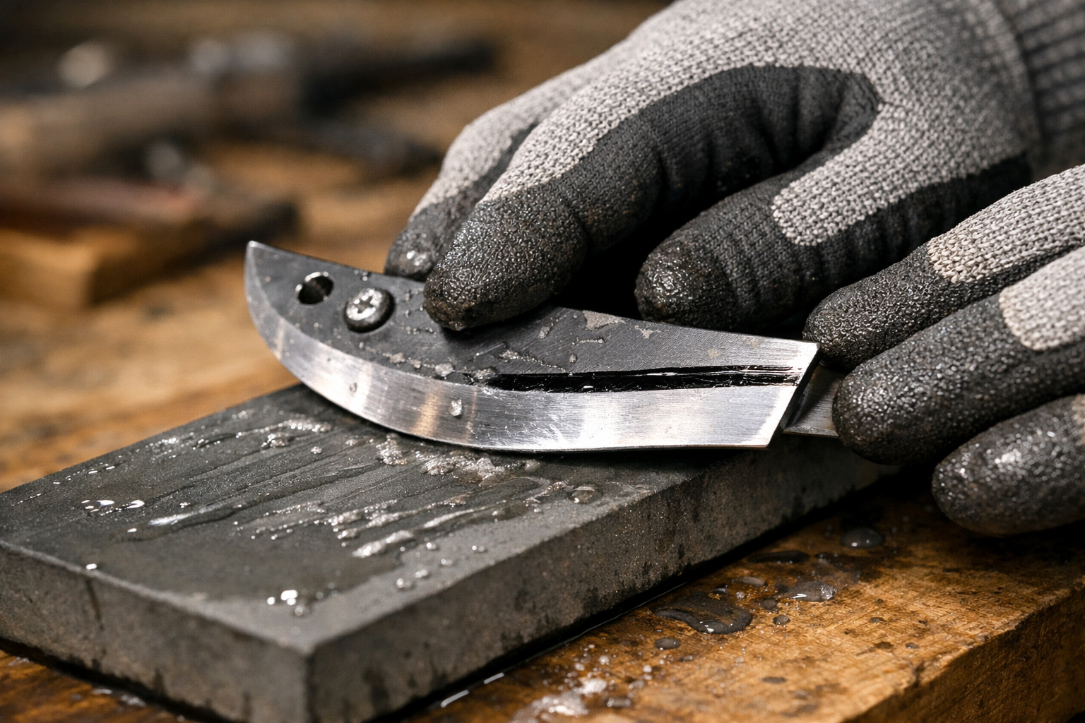 Detailed landscape format (1536x1024) image showing hands wearing cut-resistant gloves holding an ice auger blade at a consistent angle agai