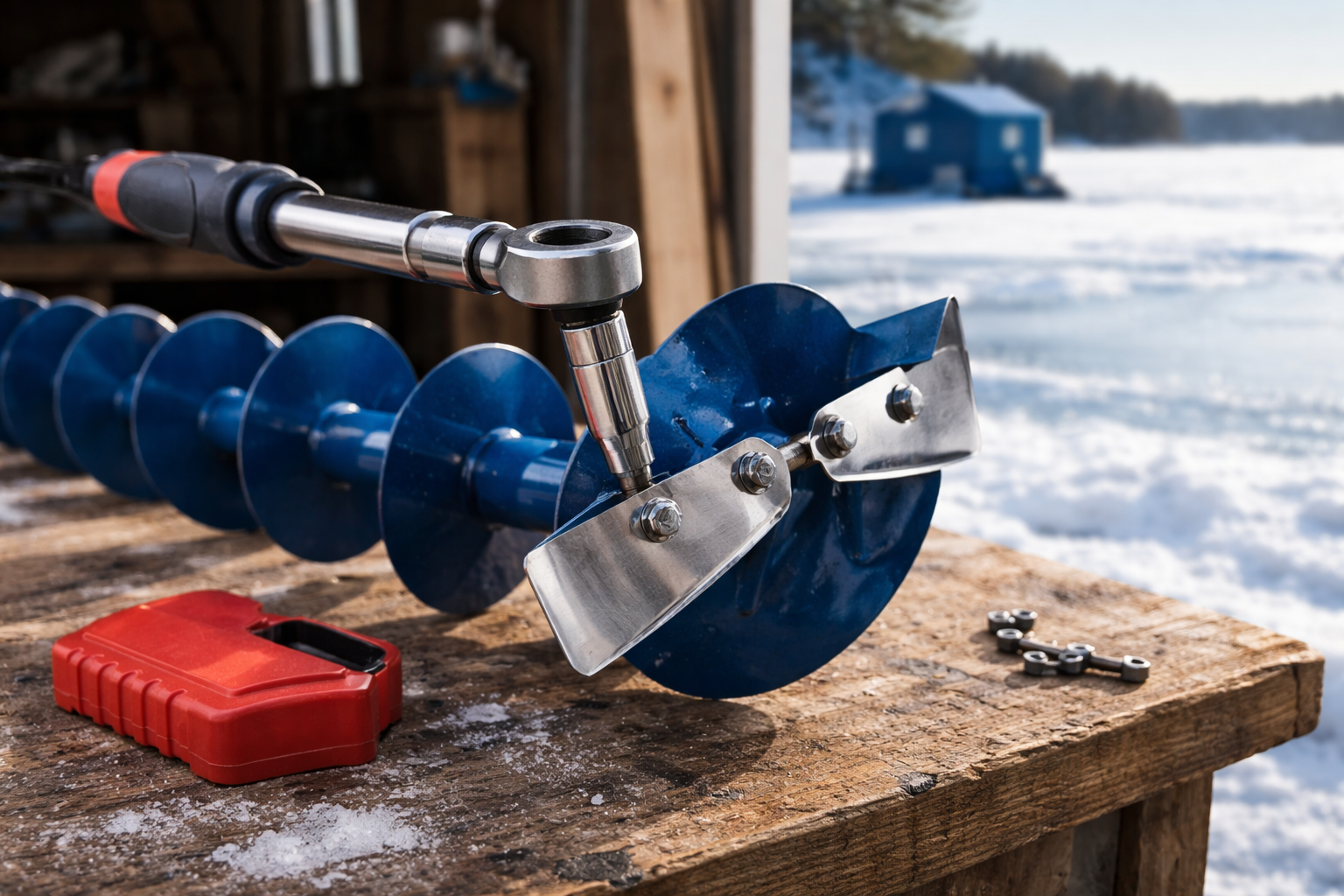 Detailed landscape format (1536x1024) image showing reassembled ice auger blades mounted on the auger head, with a torque wrench tightening 