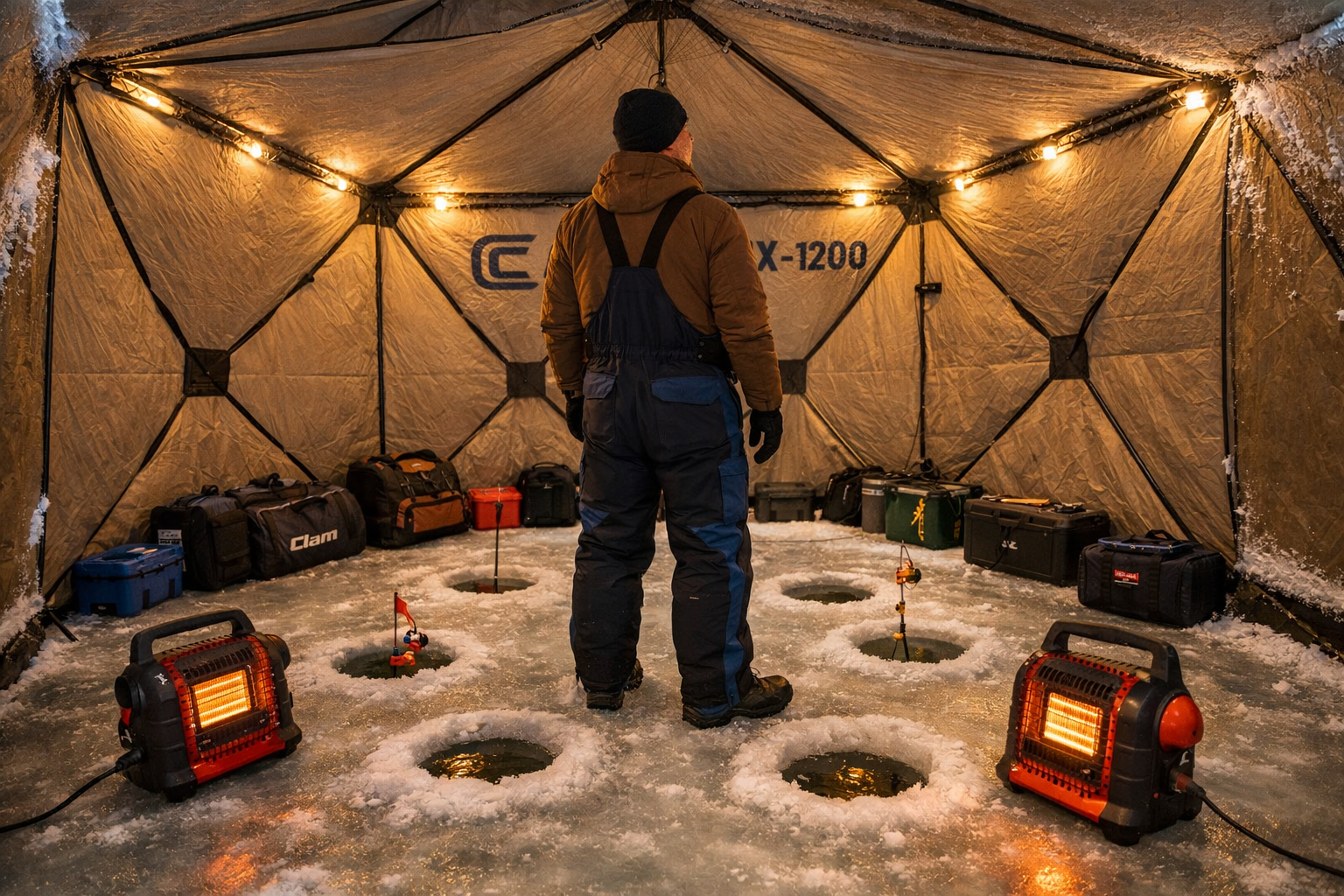 Detailed landscape format (1536x1024) image showing the interior of a large Clam X-1200 hub ice fishing shelter from inside, 188 square feet