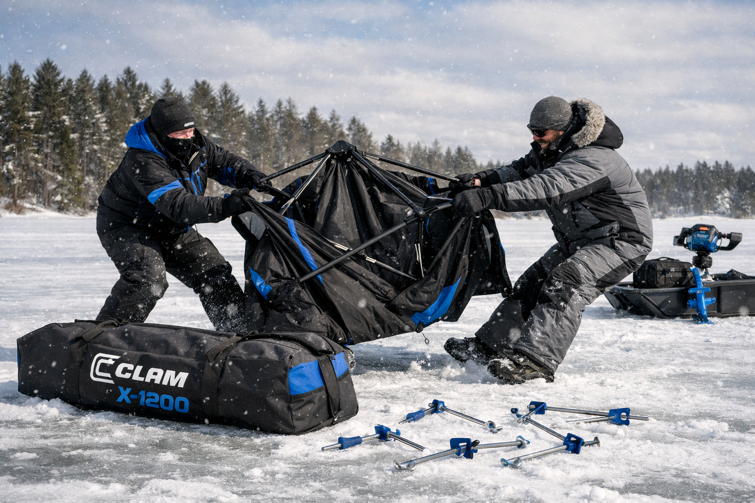 Detailed landscape format (1536x1024) image showing the setup process of a Clam X-1200 hub shelter on thick ice, two anglers in heavy winter