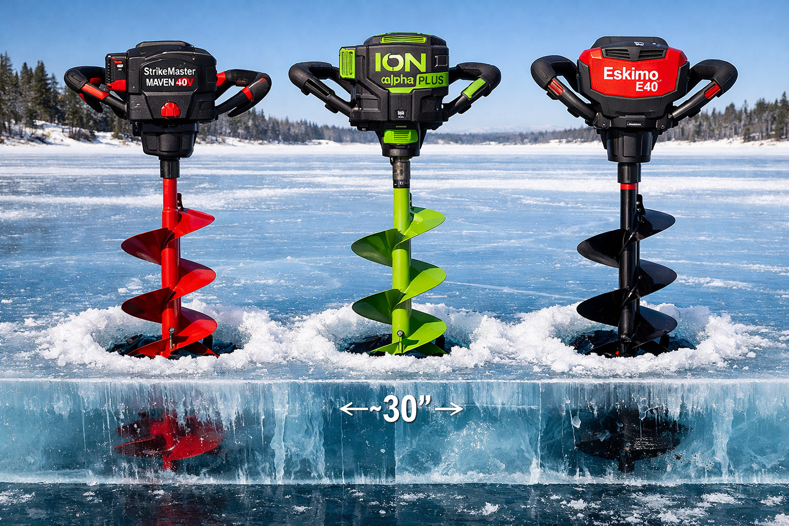 Detailed landscape format (1536x1024) image showing three electric ice augers side by side on thick ice surface, StrikeMaster Maven 40V, ION