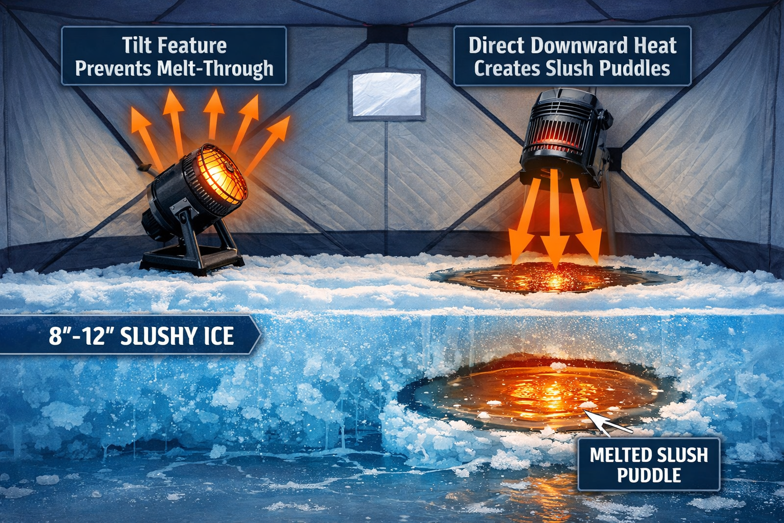 Detailed landscape format (1536x1024) infographic-style image showing a cross-section diagram of 8-12 inch slushy ice with a portable heater