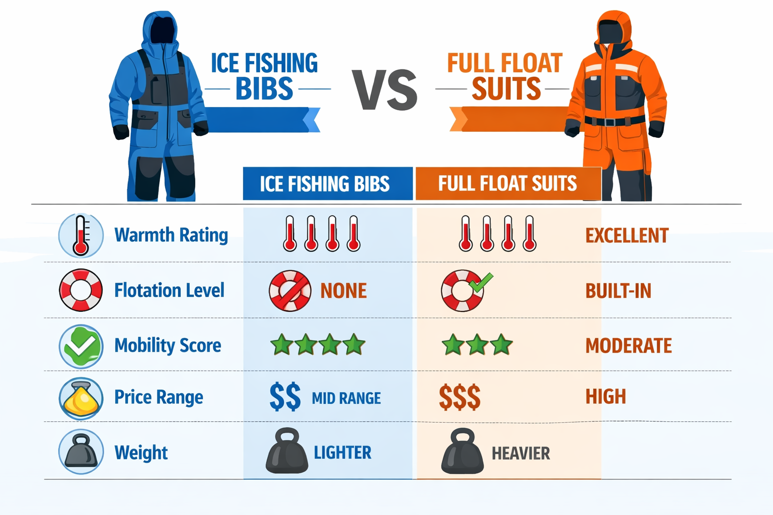 Detailed landscape format (1536x1024) infographic-style image showing a side-by-side comparison table of ice fishing bibs versus full float 