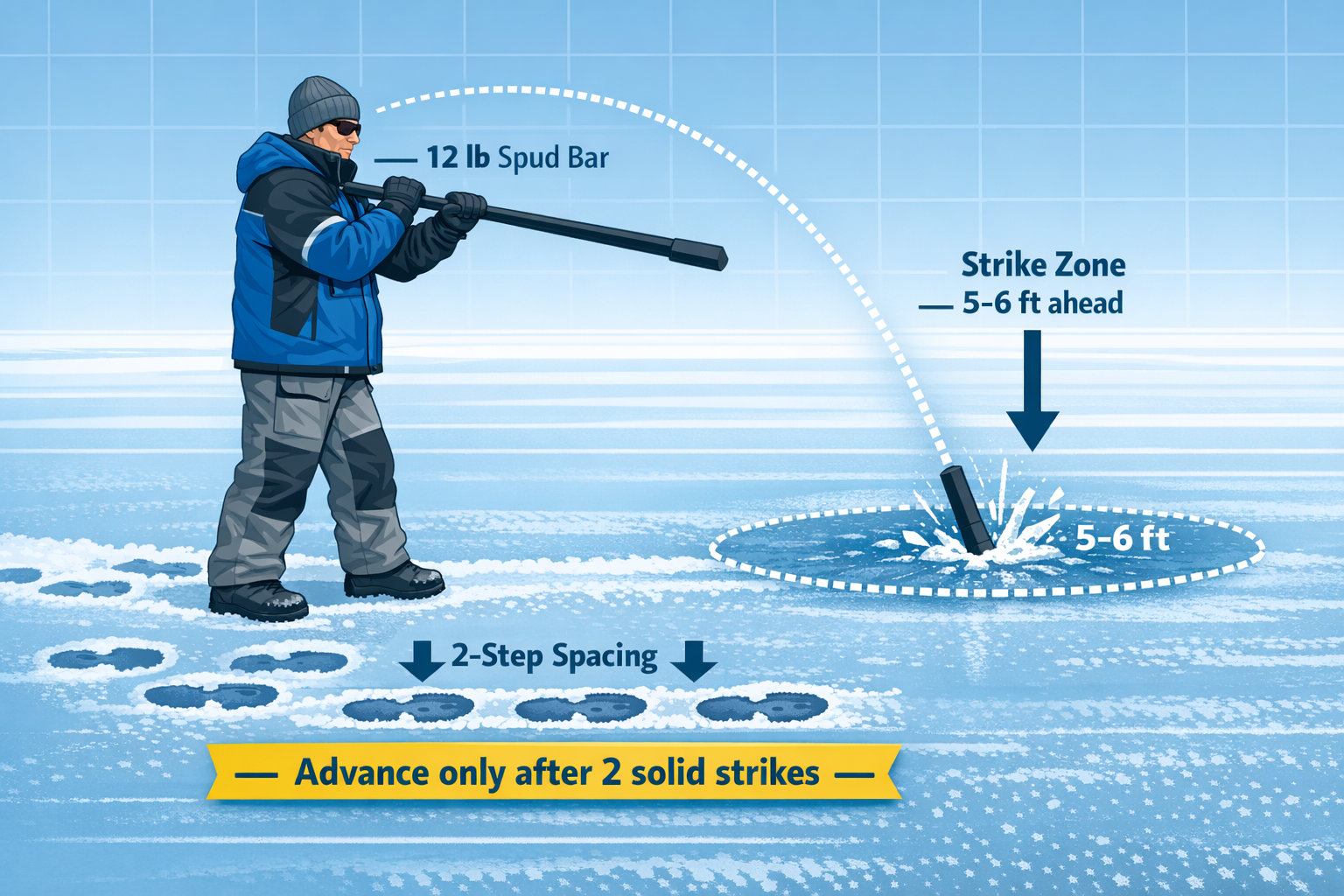 Detailed landscape format (1536x1024) instructional illustration showing proper spudding technique from side view: an angler in winter gear 
