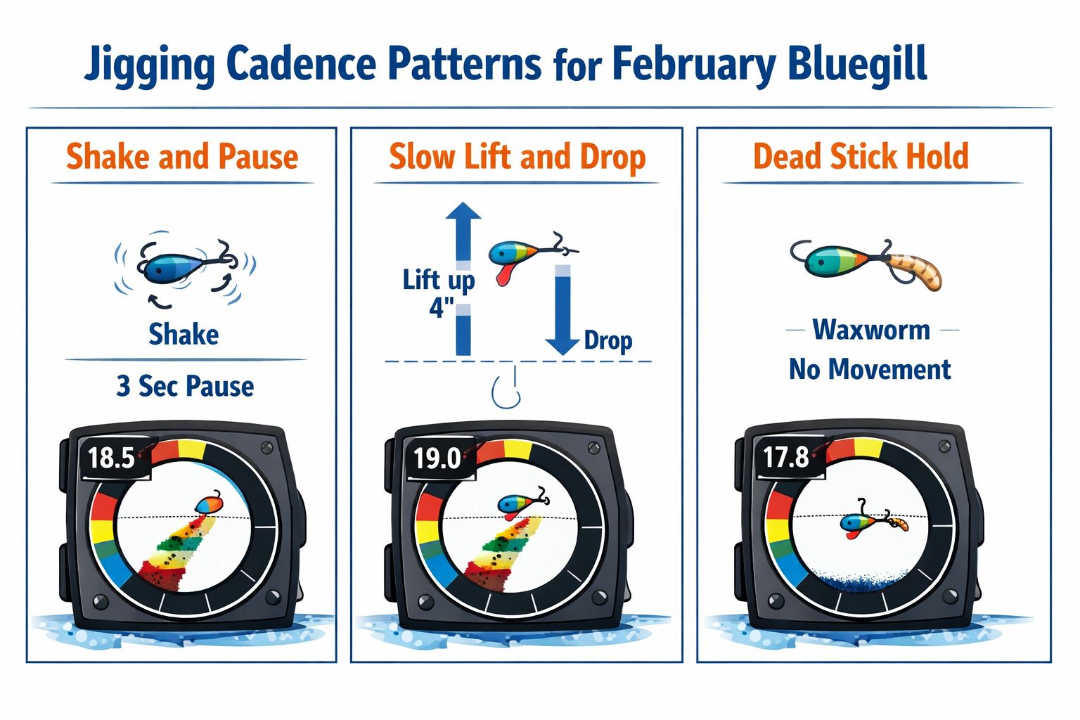 Detailed landscape format (1536x1024) instructional infographic showing three jigging cadence patterns for February bluegill. Panel 1 labele