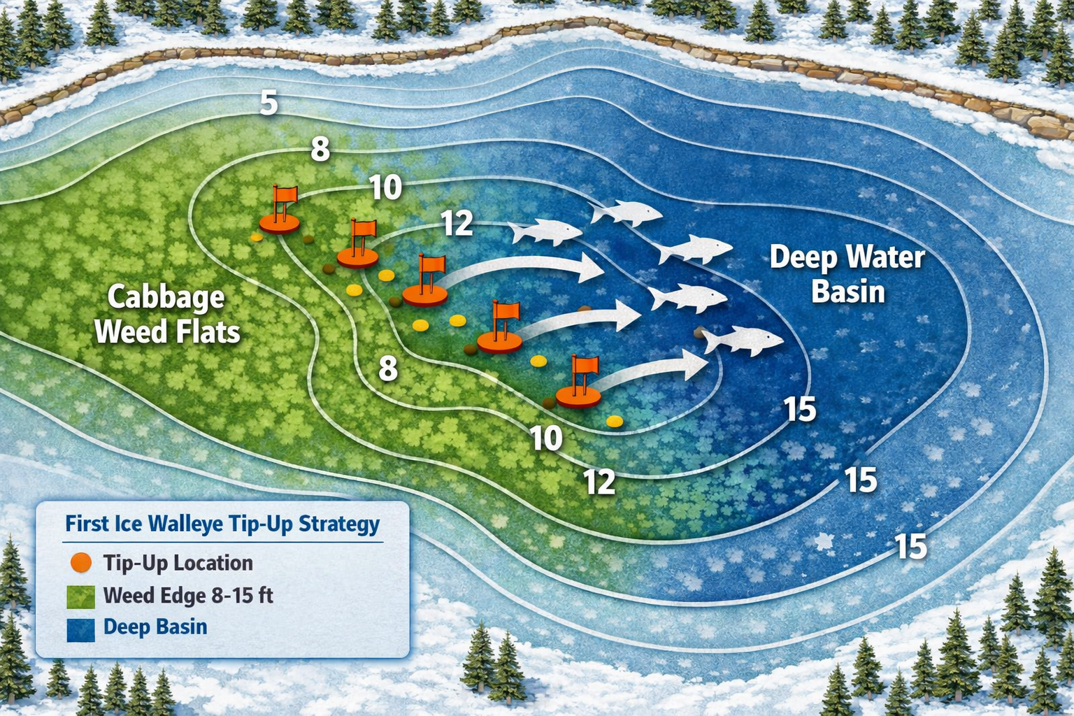 Detailed landscape format (1536x1024) overhead aerial view illustration of a northern lake contour map showing tip-up placement strategy for