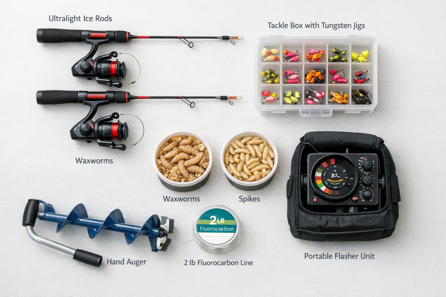 Detailed landscape format (1536x1024) overhead photograph style image of an organized ice fishing gear layout on a white surface. Items incl