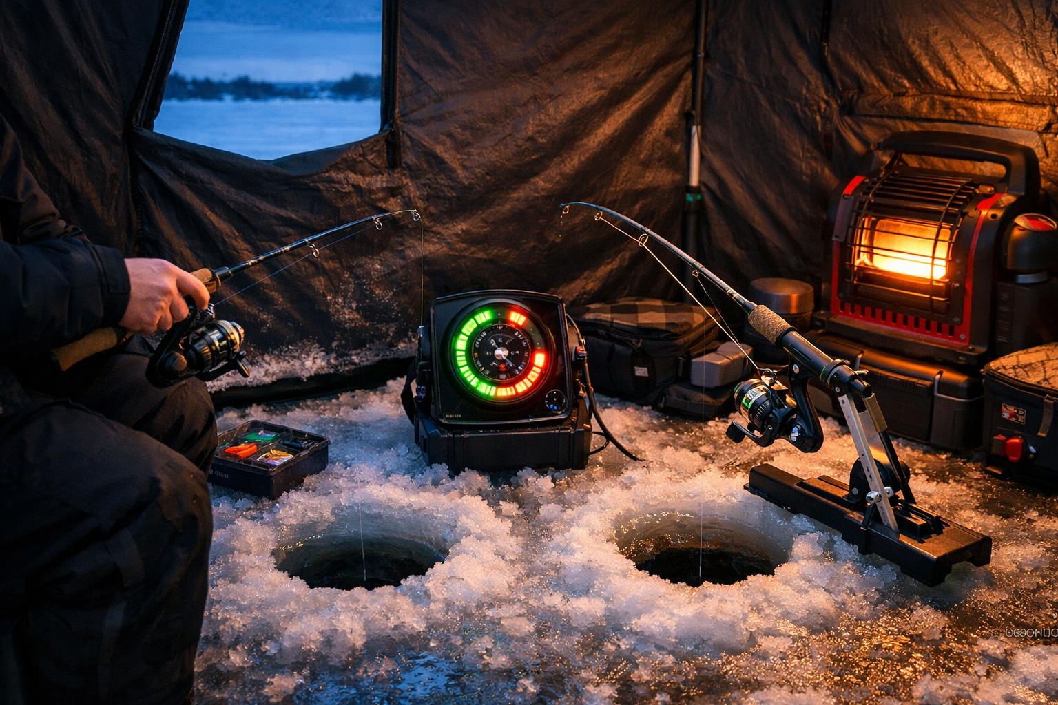 Detailed landscape format (1536x1024) photograph of a dual-line ice fishing setup inside a portable ice shelter on a Northern Wisconsin lake