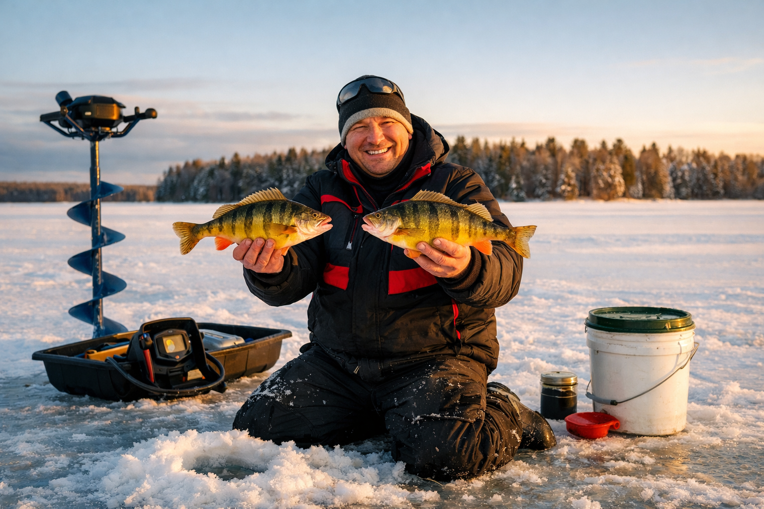 Detailed landscape format (1536x1024) photograph of an angler on a vast frozen flat in Northern Wisconsin holding up two jumbo yellow perch,
