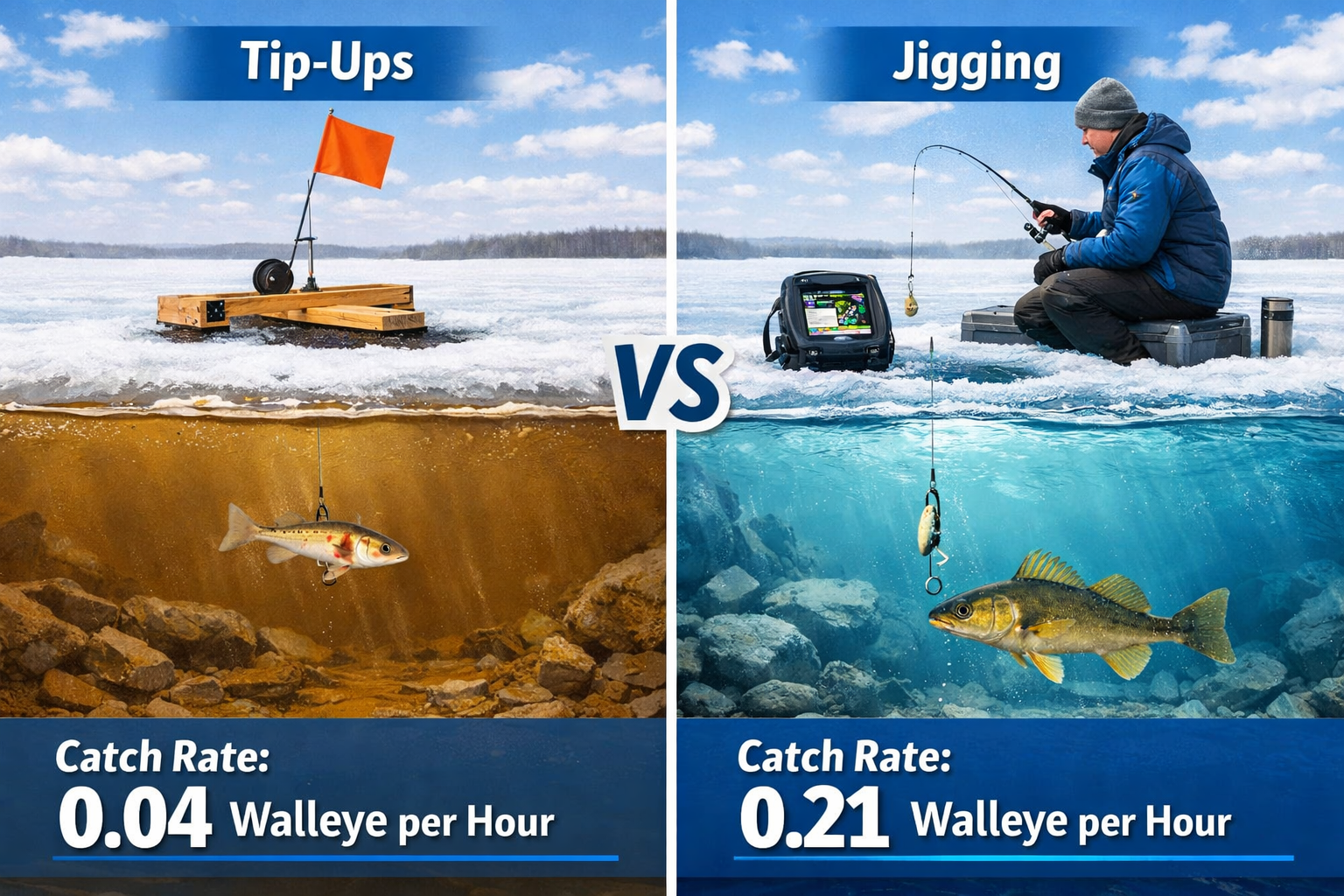 Detailed landscape format (1536x1024) split-scene comparison image showing two ice fishing methods side by side. Left panel labeled 'Tip-Ups
