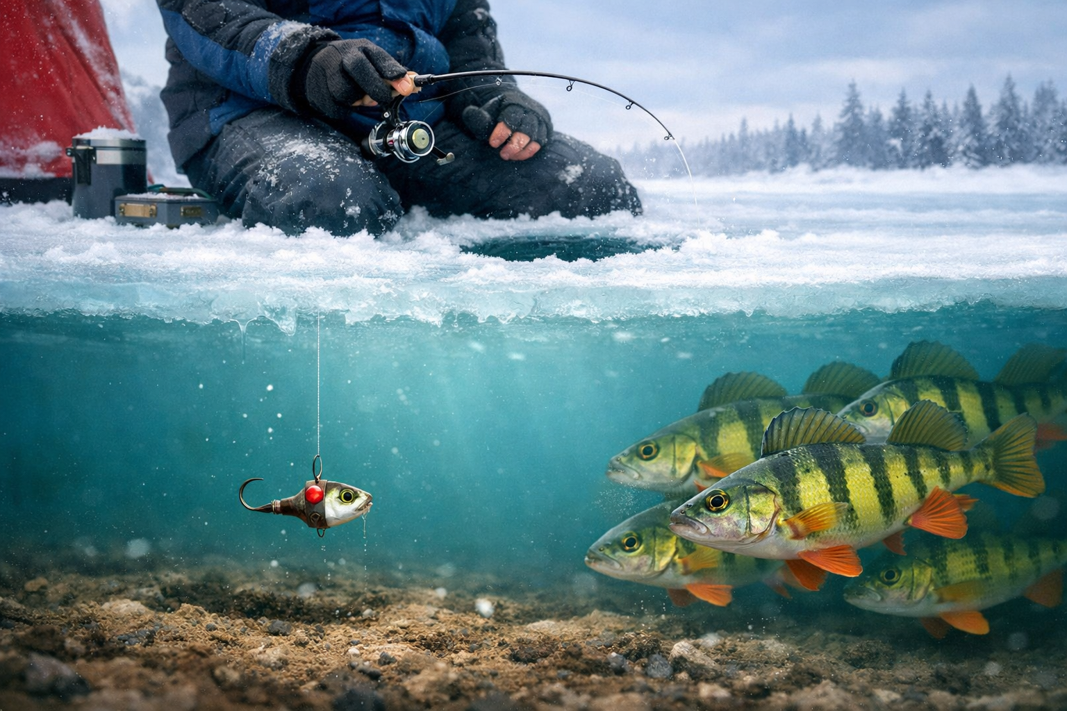 Detailed landscape format (1536x1024) split-view illustration showing underwater and above-ice perspectives of mid-winter perch jigging pres