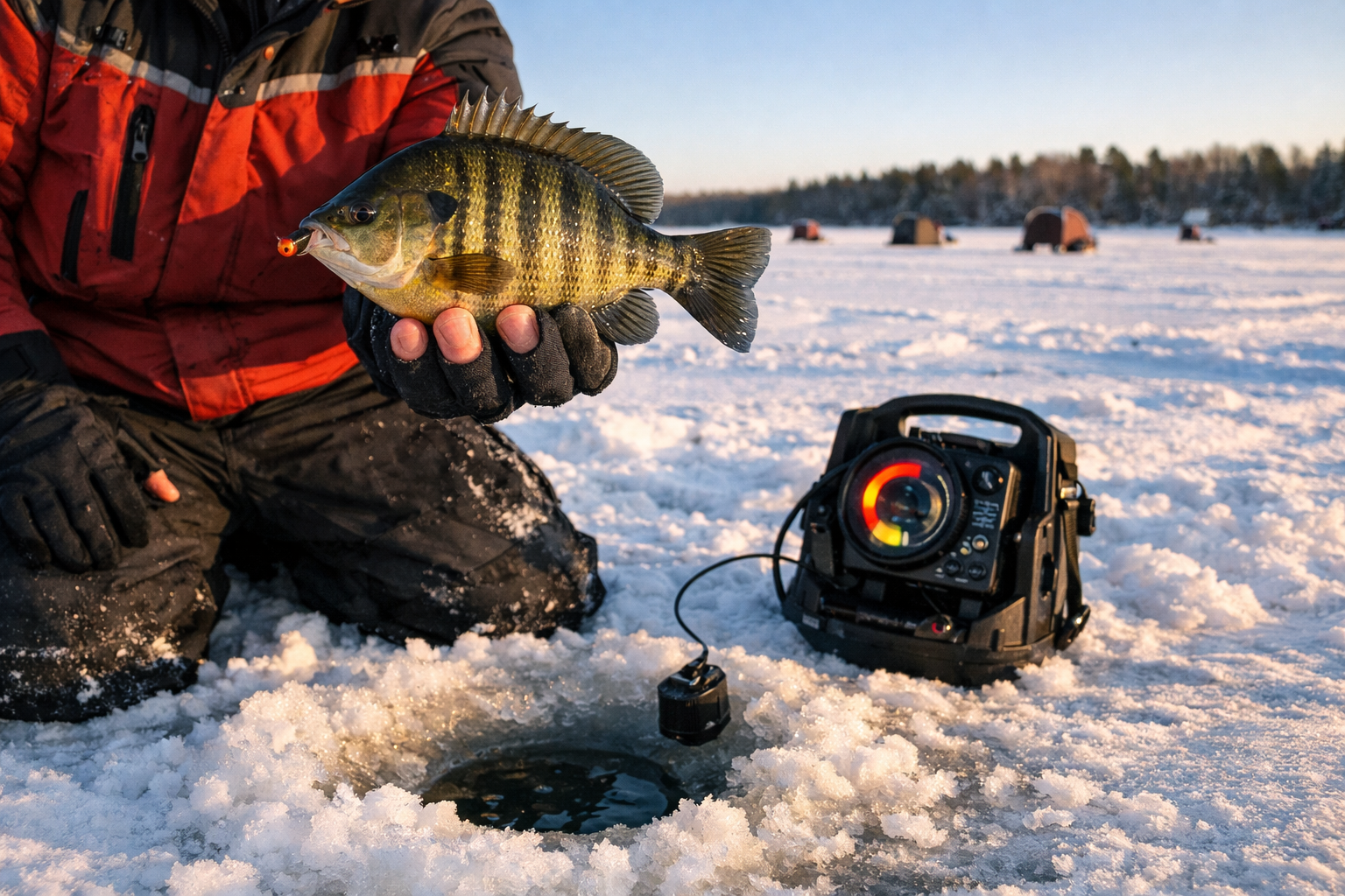Detailed landscape format (1536x1024) winter scene showing an ice angler kneeling beside a freshly drilled hole on a snow-covered lake, hold