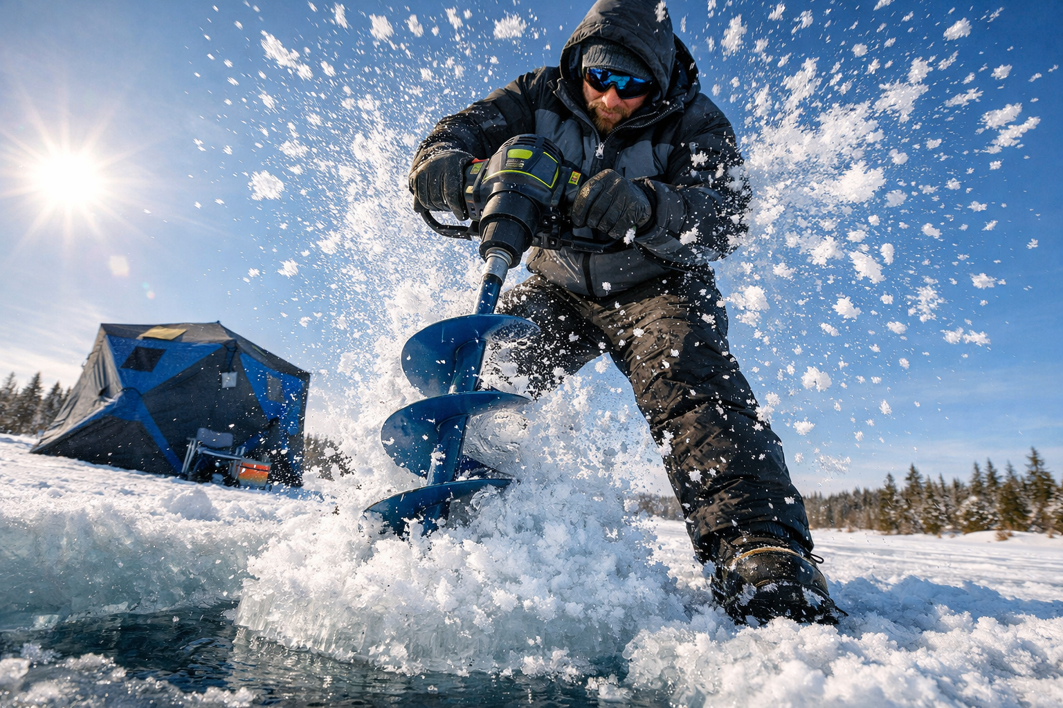 Landscape format (1536x1024) action photo of an angler drilling through thick ice on a frozen lake using a cordless electric ice auger, ice 
