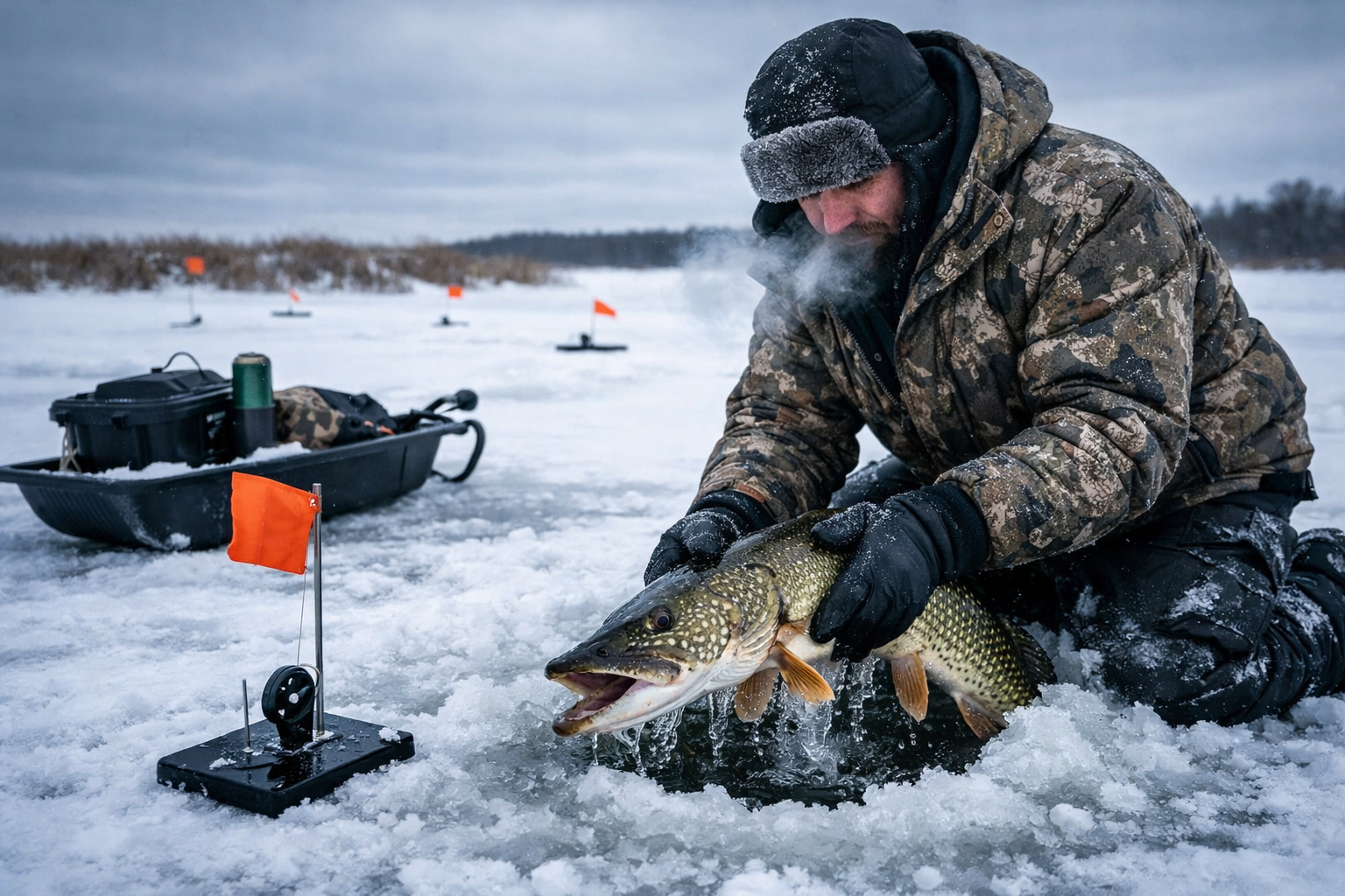 Landscape format (1536x1024) action scene of an ice angler in winter gear kneeling beside a popped tip-up flag on a frozen lake, pulling a l