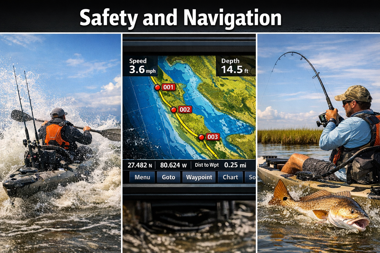 Landscape format (1536x1024) action sequence composite image showing three panels: left panel shows an angler in a PFD life jacket performin