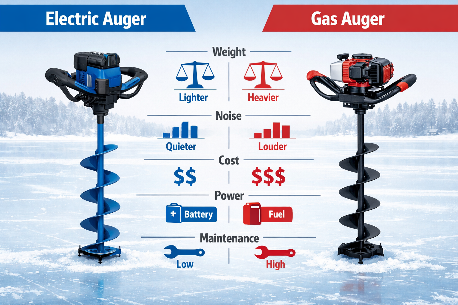 Landscape format (1536x1024) clean comparison infographic style image showing an electric auger on the left and gas auger on the right with 