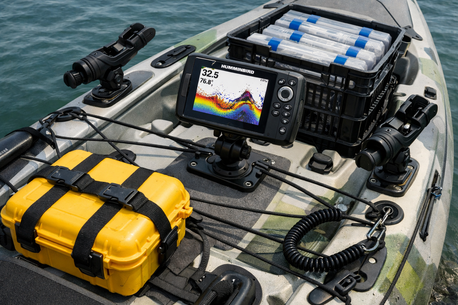 Landscape format (1536x1024) close-up detailed image of a fully rigged saltwater fishing kayak cockpit showing YakAttack rod holders mounted