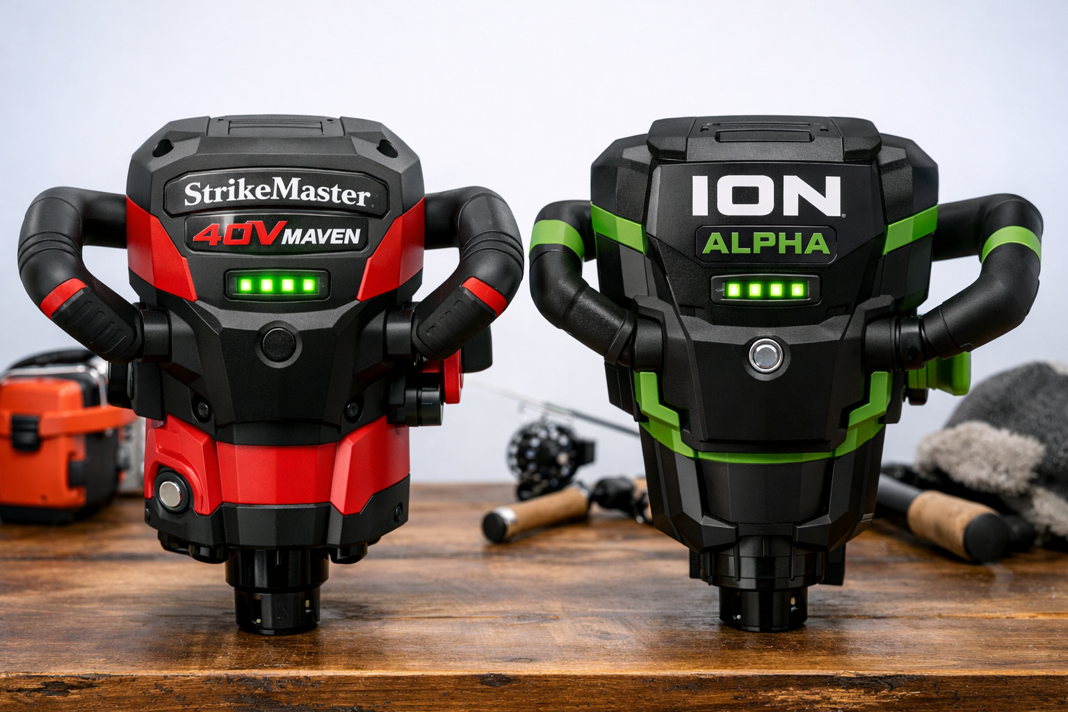 Landscape format (1536x1024) close-up product comparison photo of StrikeMaster 40V Maven auger powerhead next to ION Alpha auger powerhead o