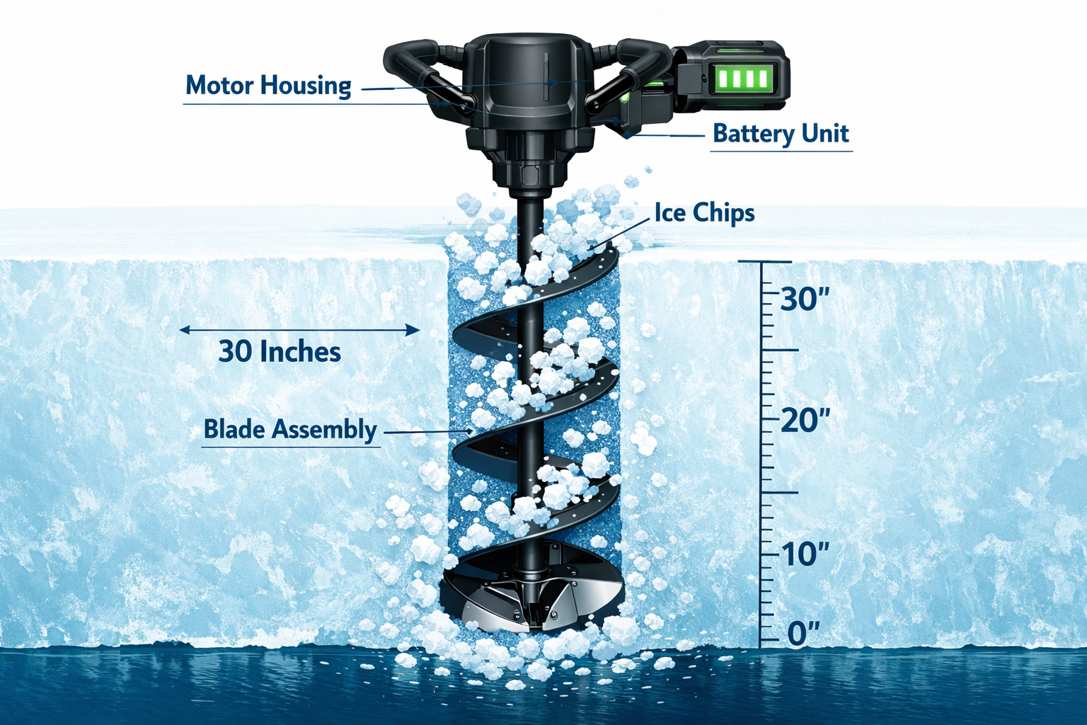 Landscape format (1536x1024) close-up technical illustration of an electric ice auger cutting through a 30-inch thick ice cross-section, sho