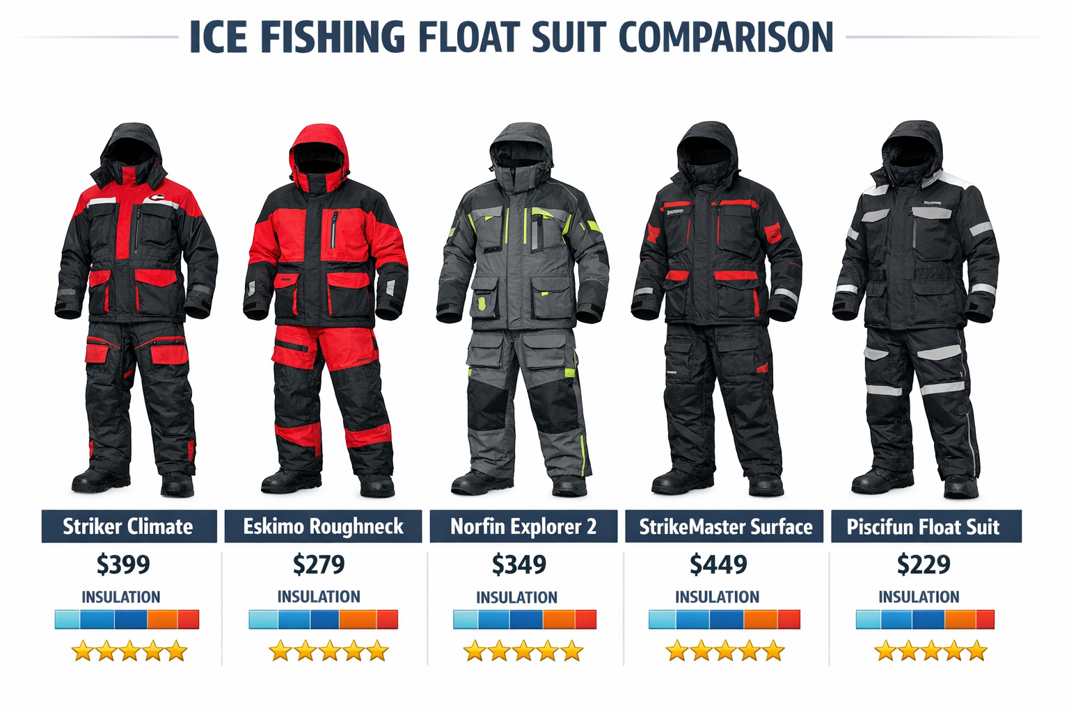 Landscape format (1536x1024) comparison infographic showing five ice fishing float suits side by side: Striker Climate, Eskimo Roughneck, No