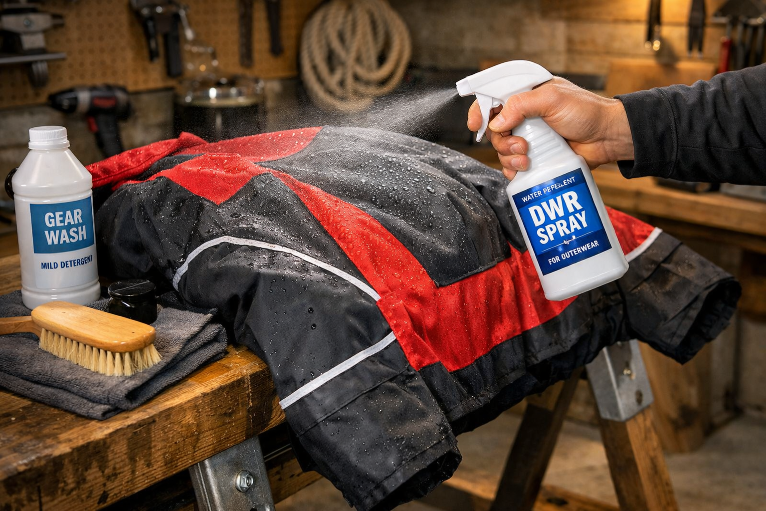 Landscape format (1536x1024) detailed close-up photo showing proper float suit maintenance: a person applying DWR spray to the outer shell o