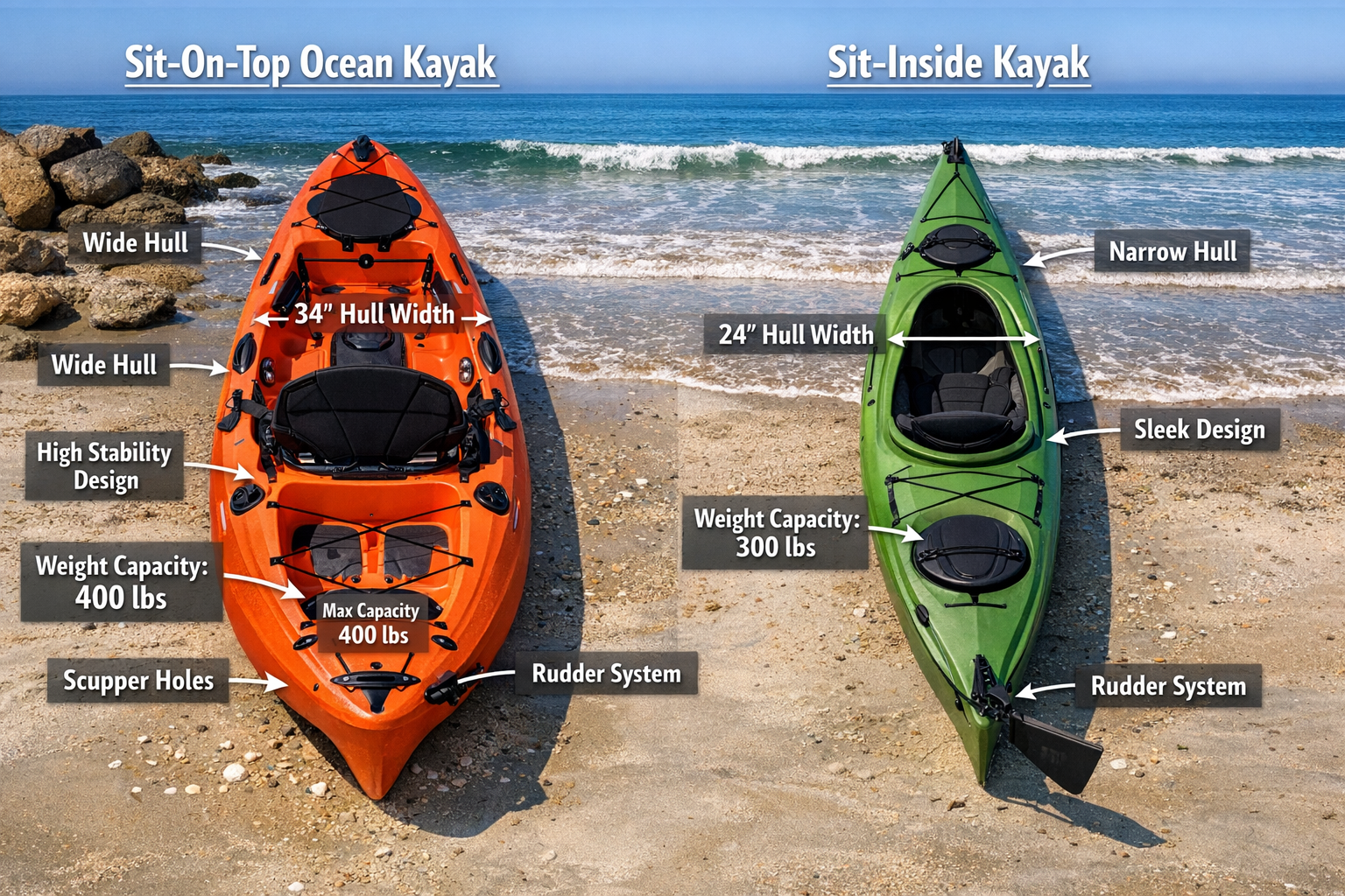 Landscape format (1536x1024) detailed comparison flat-lay image of two fishing kayaks side by side on a sandy beach launch point, one a sit-
