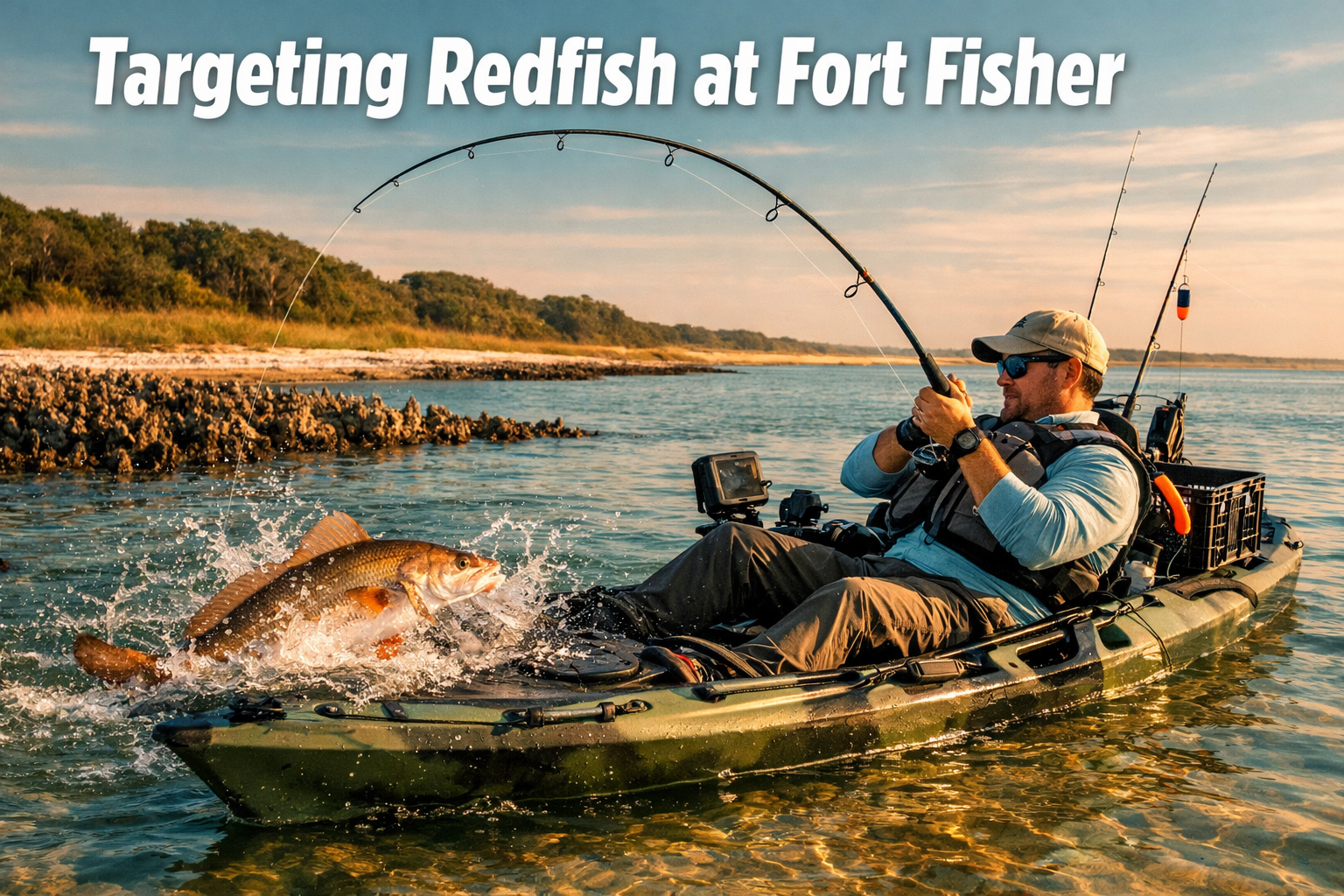 Landscape format (1536x1024) detailed editorial image of a kayak angler fighting a large redfish in shallow tidal flat near Fort Fisher NC, 