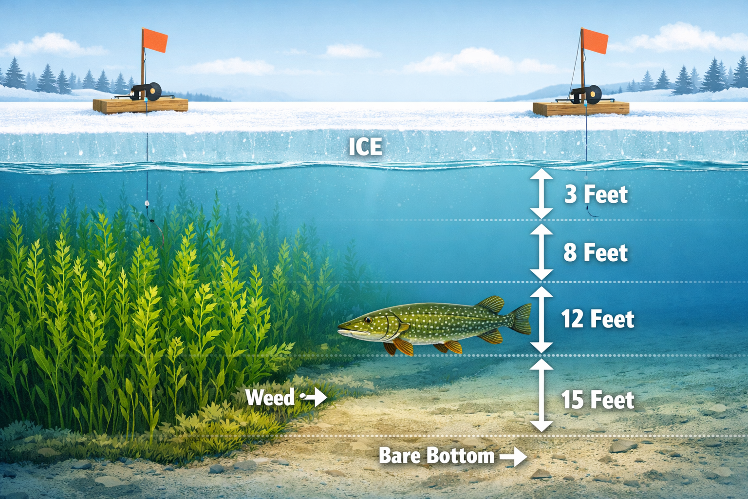 Landscape format (1536x1024) detailed illustration of a cross-section view of a frozen lake showing fading green weedlines at 10-15 foot dep
