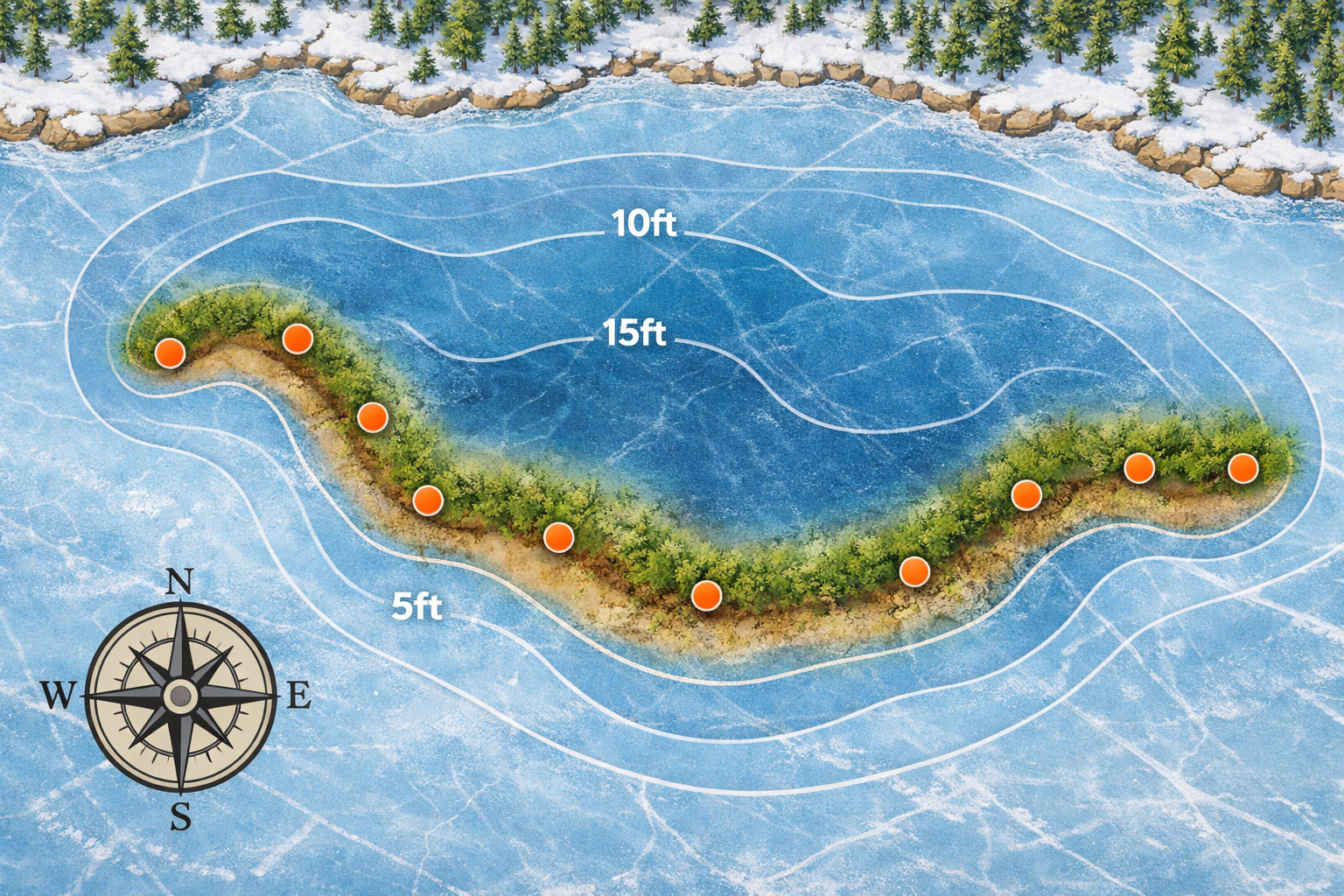 Landscape format (1536x1024) detailed top-down tactical map illustration of a frozen lake bay showing a fading weedline drawn as a green-to-