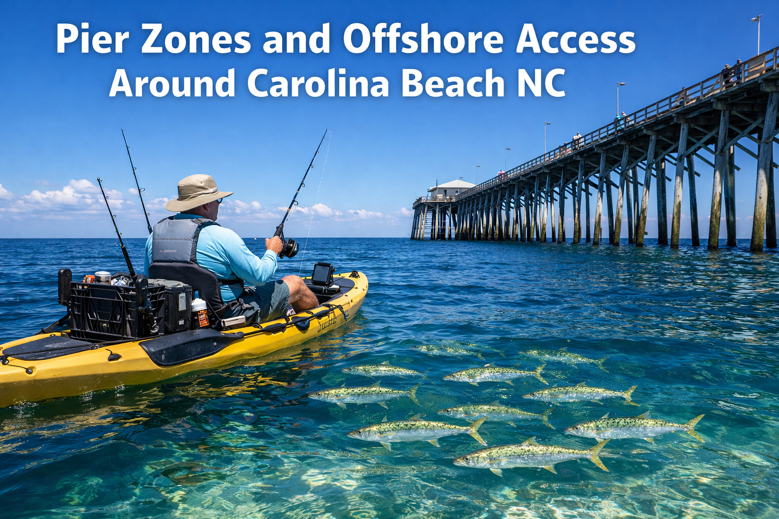 Landscape format (1536x1024) editorial image of a kayak angler at Kure Beach fishing pier area during summer months, Spanish mackerel visibl
