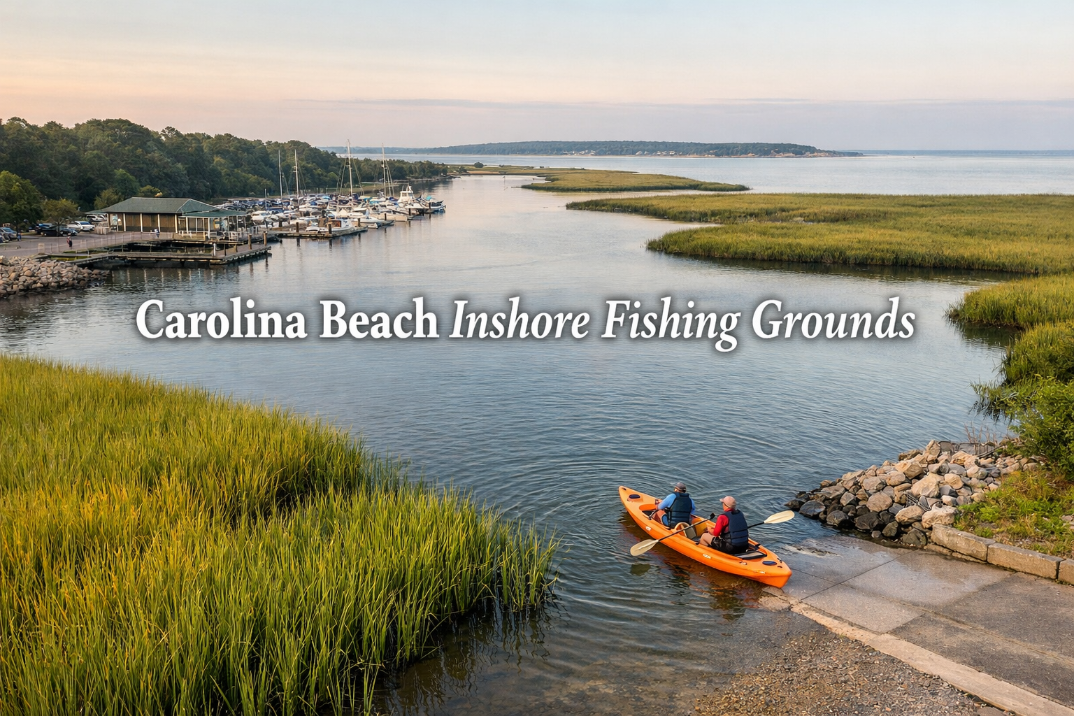 Landscape format (1536x1024) editorial image showing aerial view of Carolina Beach State Park marina and surrounding tidal creeks, kayak lau