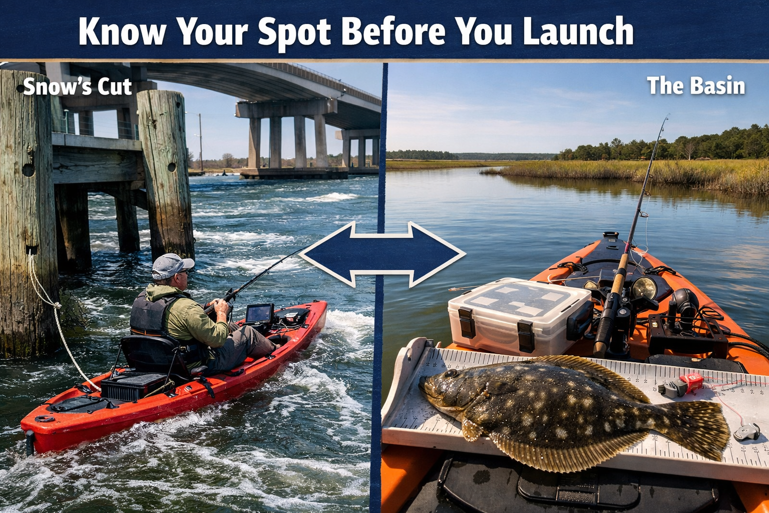 Landscape format (1536x1024) editorial image showing split-panel visual of two Carolina Beach kayak fishing spots side by side: left panel s