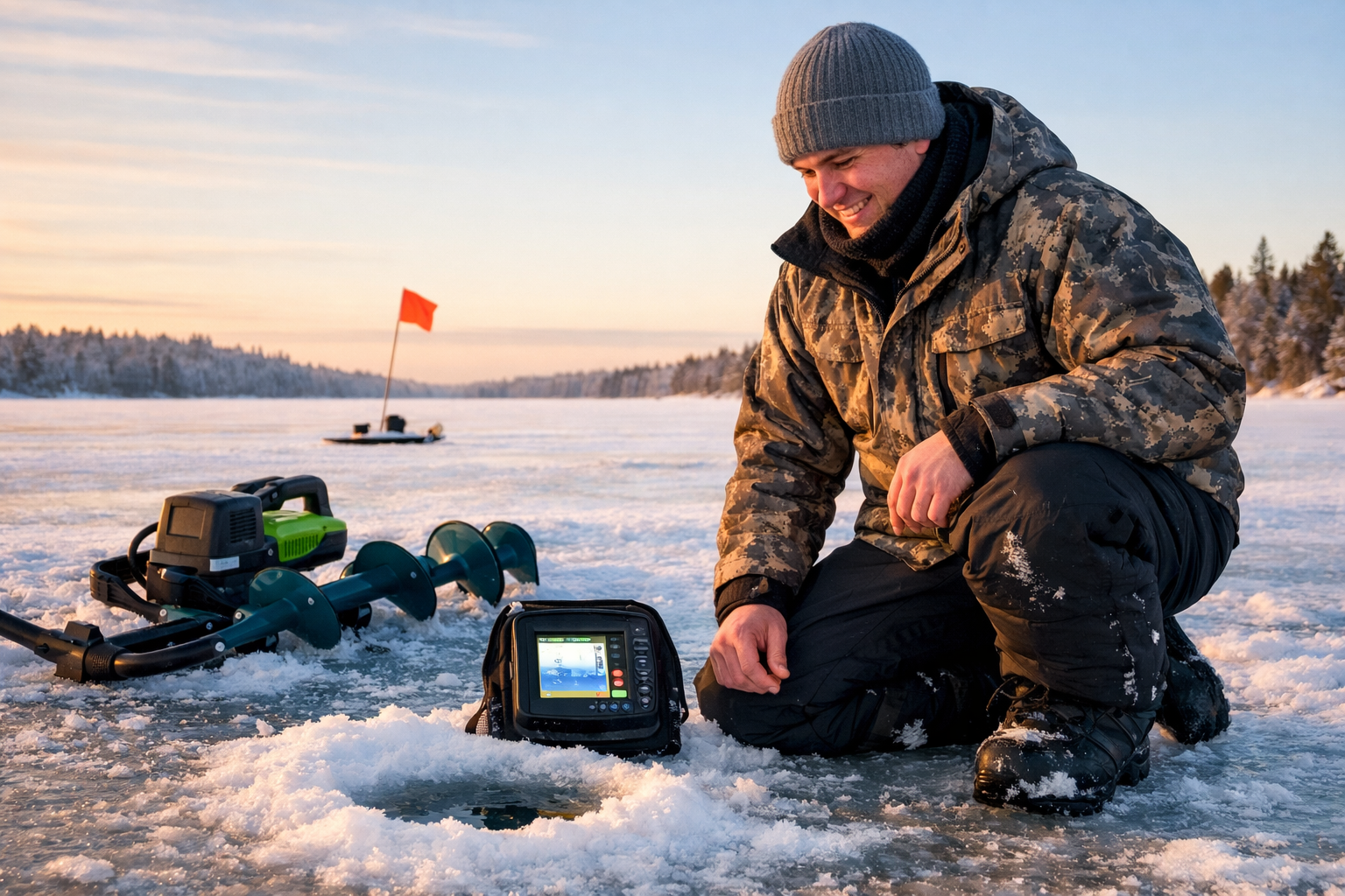 Landscape format (1536x1024) editorial photo of a beginner angler kneeling beside a freshly drilled ice hole with an electric auger resting 
