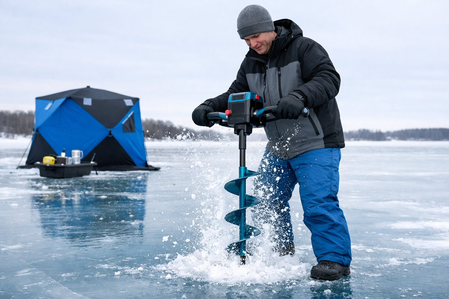 Landscape format (1536x1024) editorial photo of a beginner ice angler holding a lightweight electric ice auger on a frozen lake, drilling th