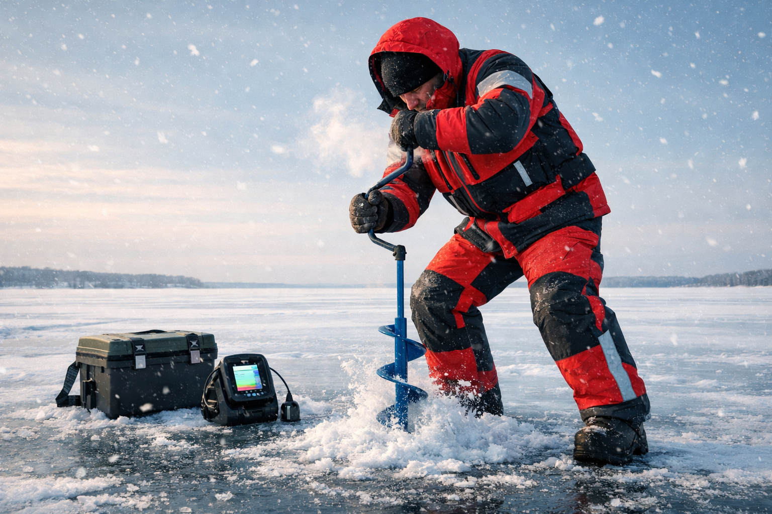 Landscape format (1536x1024) editorial photo of an angler on a frozen lake wearing a float suit and drilling through ice with a hand auger, 