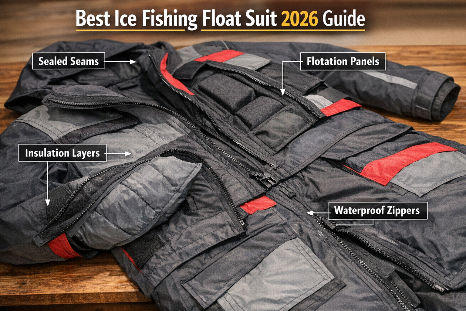 Landscape format (1536x1024) editorial photo showing a close-up of an ice fishing float suit laid flat on a wooden table with labeled callou