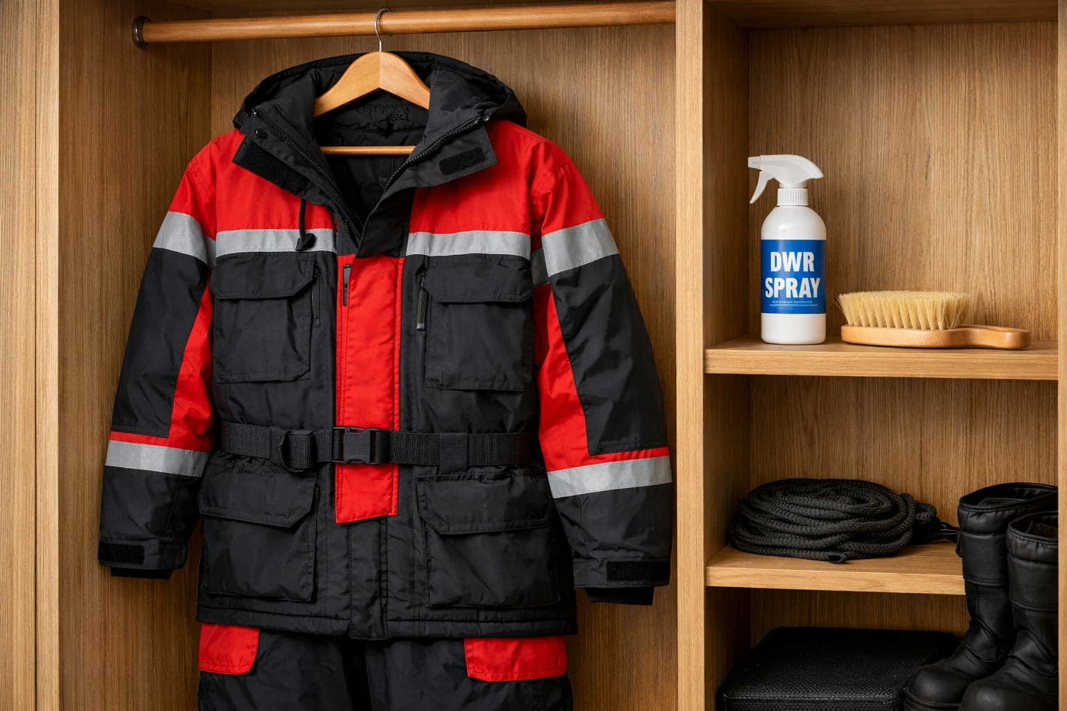 Landscape format (1536x1024) editorial photo showing proper float suit storage: an ice fishing float suit hanging loosely on a broad wooden 