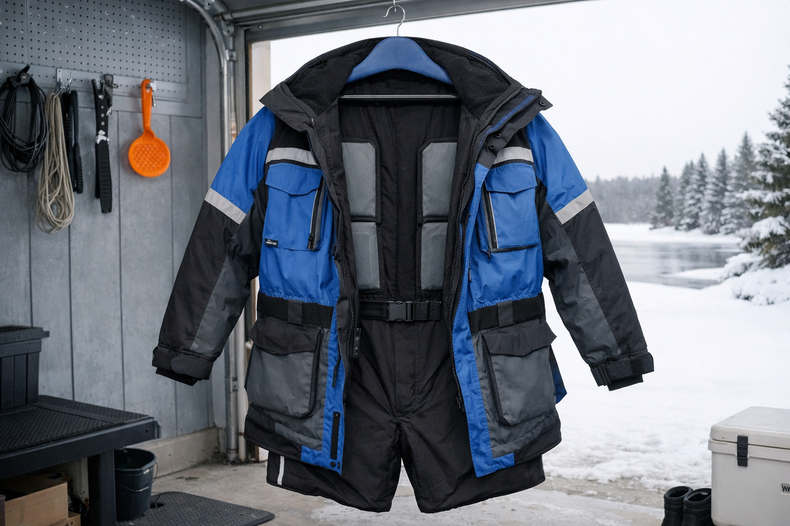 Landscape format (1536x1024) editorial photograph of an ice fishing float suit hanging on a wide padded hanger in a well-ventilated garage o