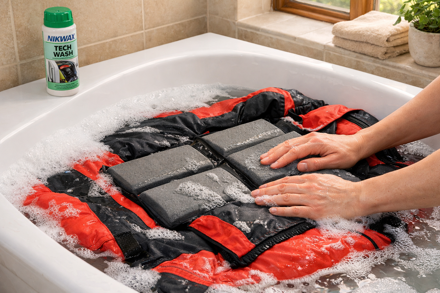 Landscape format (1536x1024) editorial photograph of hands gently washing an ice fishing float suit in a large bathtub filled with lukewarm 