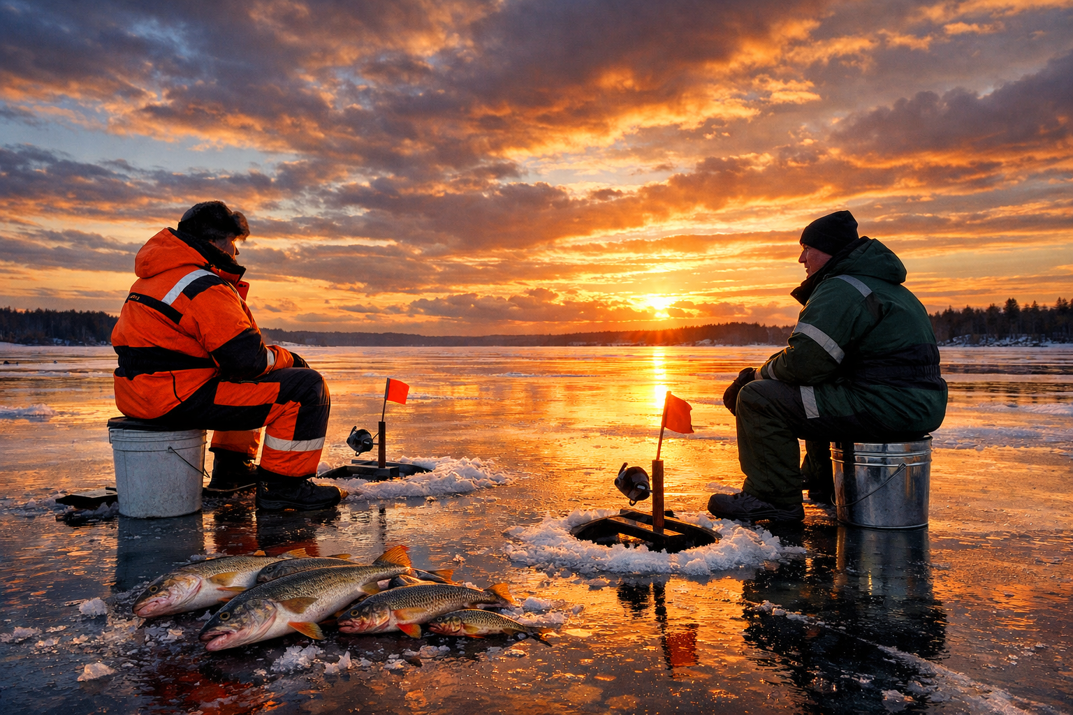 Landscape format (1536x1024) editorial scene of two anglers on thick lake ice at sunset, both wearing float suits in contrasting colors (one