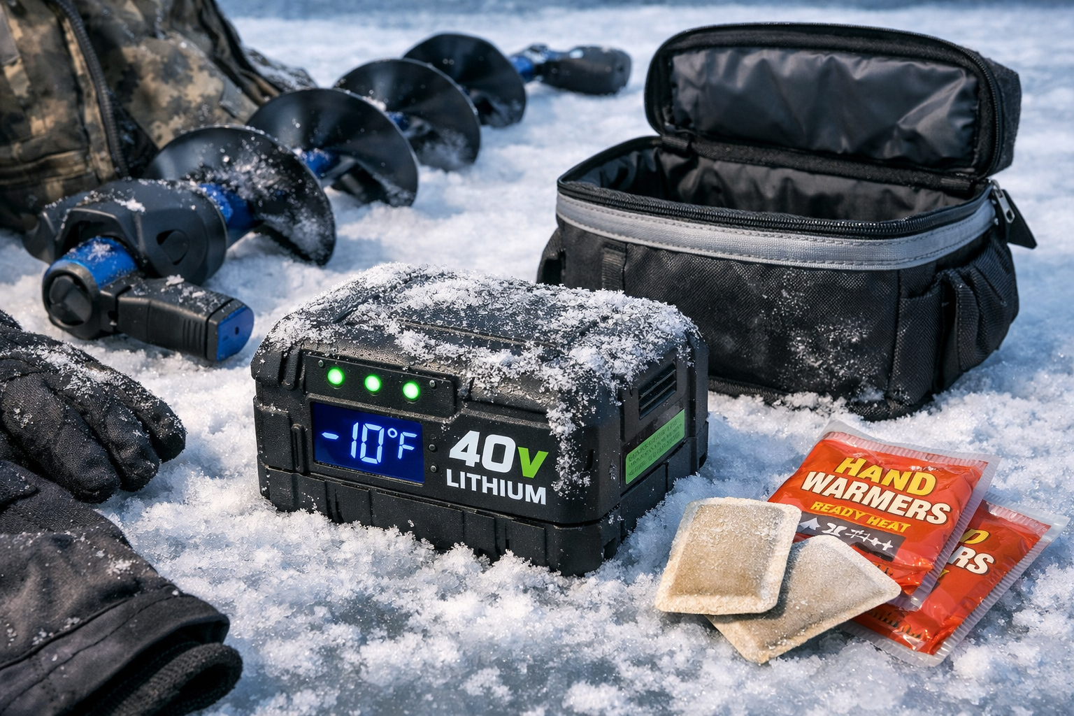 Landscape format (1536x1024) image depicting battery performance in cold weather for ice fishing, showing a 40V lithium battery pack with fr