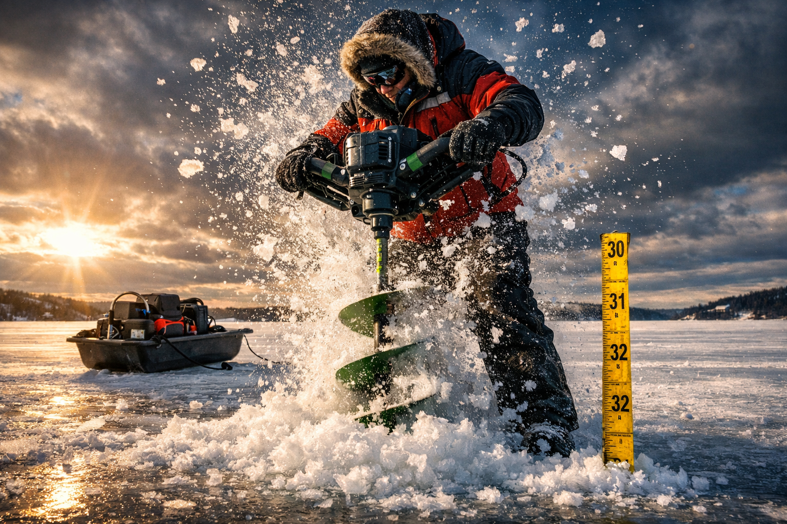 Landscape format (1536x1024) image of an ice angler drilling through extremely thick ice on a remote northern lake, electric auger spinning 