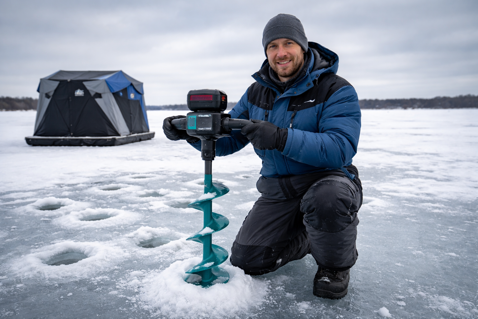 Landscape format (1536x1024) image of an ice angler in winter gear kneeling on a frozen lake holding a lightweight electric ice auger weighi