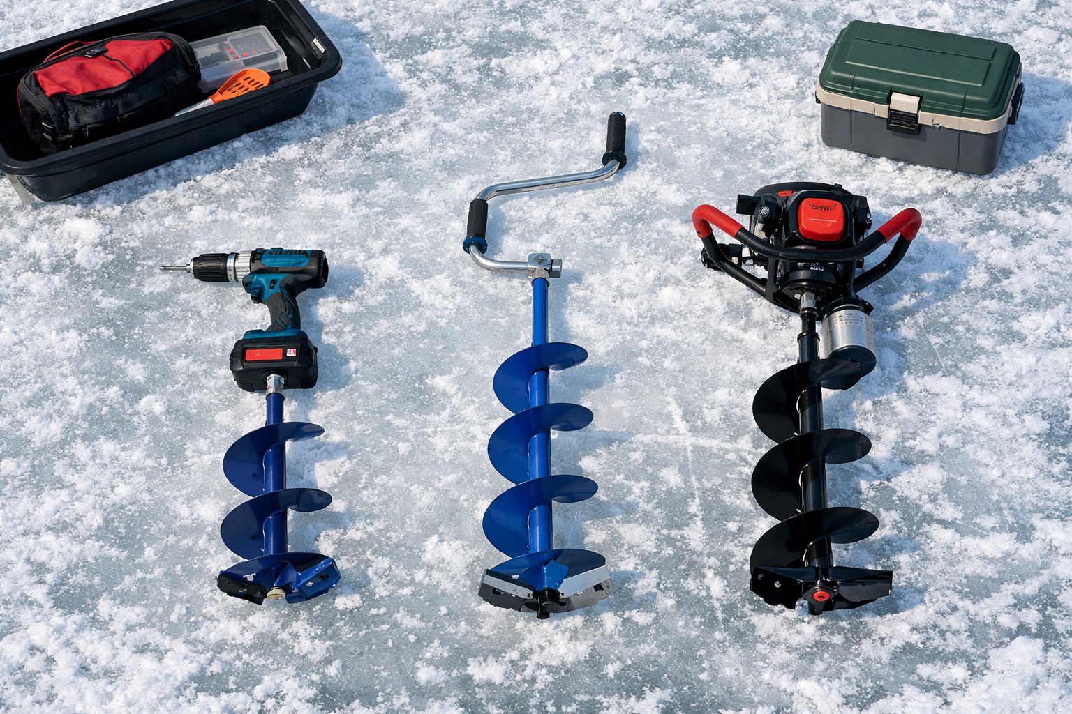 Landscape format (1536x1024) photo of ice fishing gear laid out on frozen lake surface including a cordless drill with auger bit attachment,