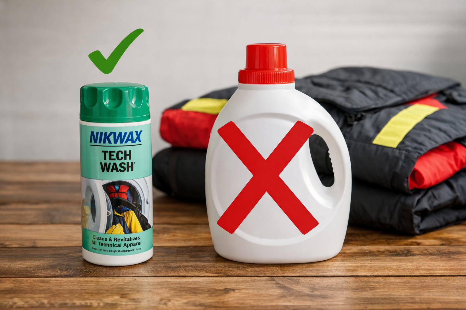 Landscape format (1536x1024) photo showing two bottles side by side on a wooden surface: one bottle of technical gear wash like Nikwax Tech 