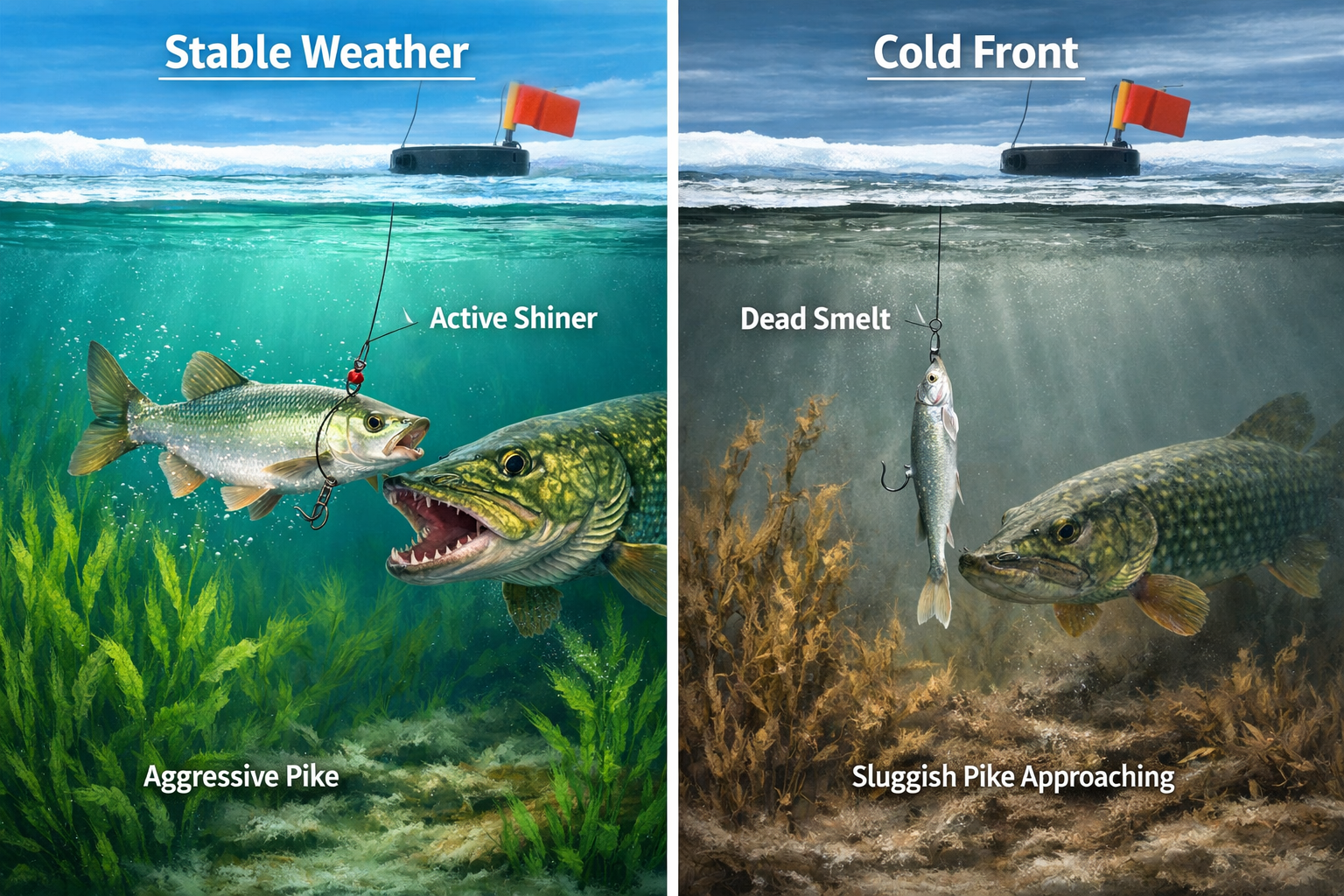 Landscape format (1536x1024) split-scene comparison image showing two ice fishing scenarios side by side. Left side labeled 'Stable Weather'