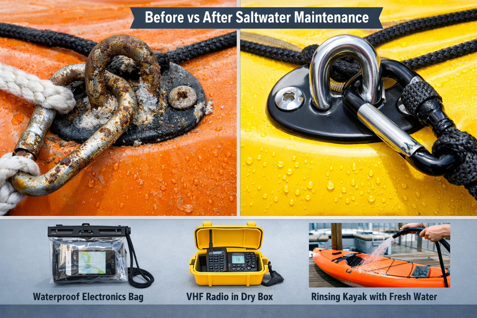 Landscape format (1536x1024) split-screen instructional image showing left side a close-up of saltwater corrosion damage on unprotected kaya