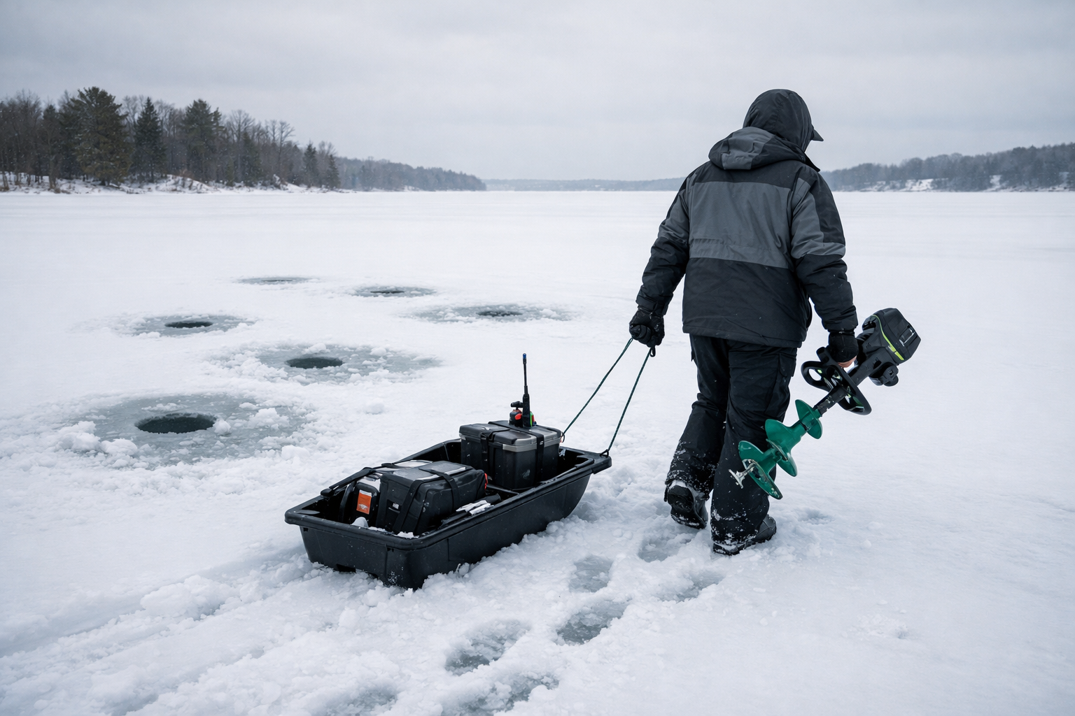 Landscape format (1536x1024) wide shot of an ice angler walking across a frozen lake carrying a compact electric ice auger and sled with fis